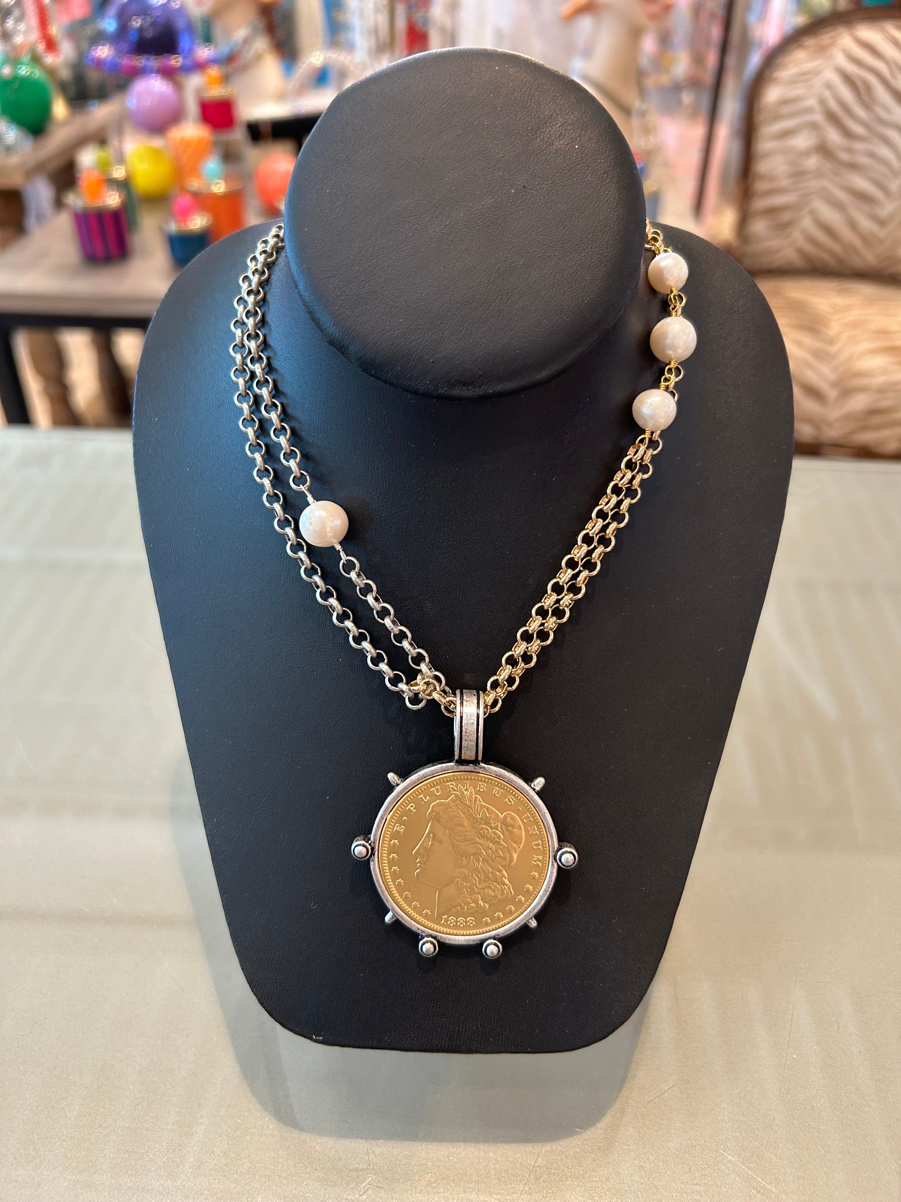 Michele Busch NW-22-123 Gold & Burnished Silver Chain, Pearls, Gold Coin W/Silver Bezel