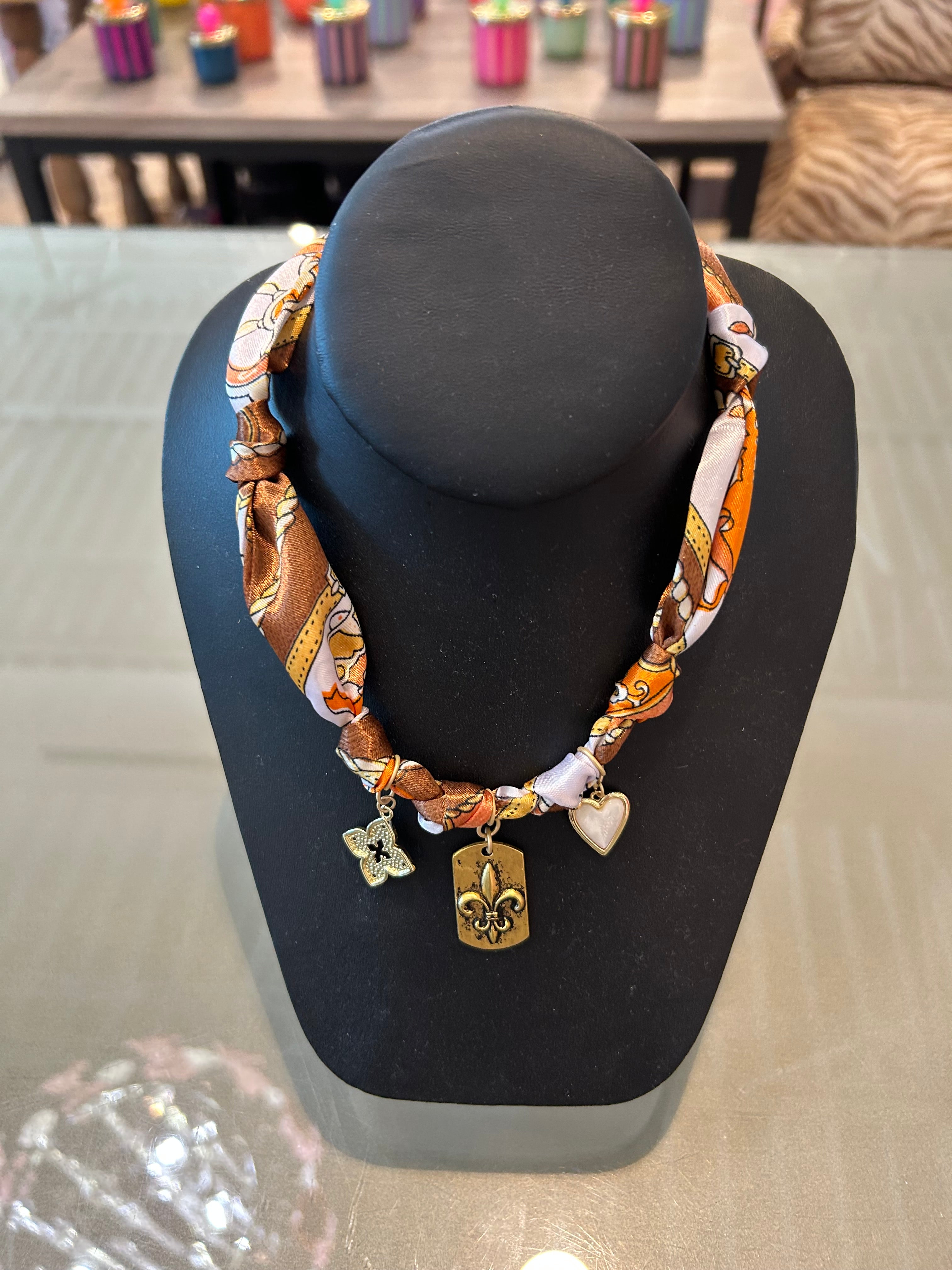 Michele Busch N-25-171 Orange, White, Gold, Brown Scarf