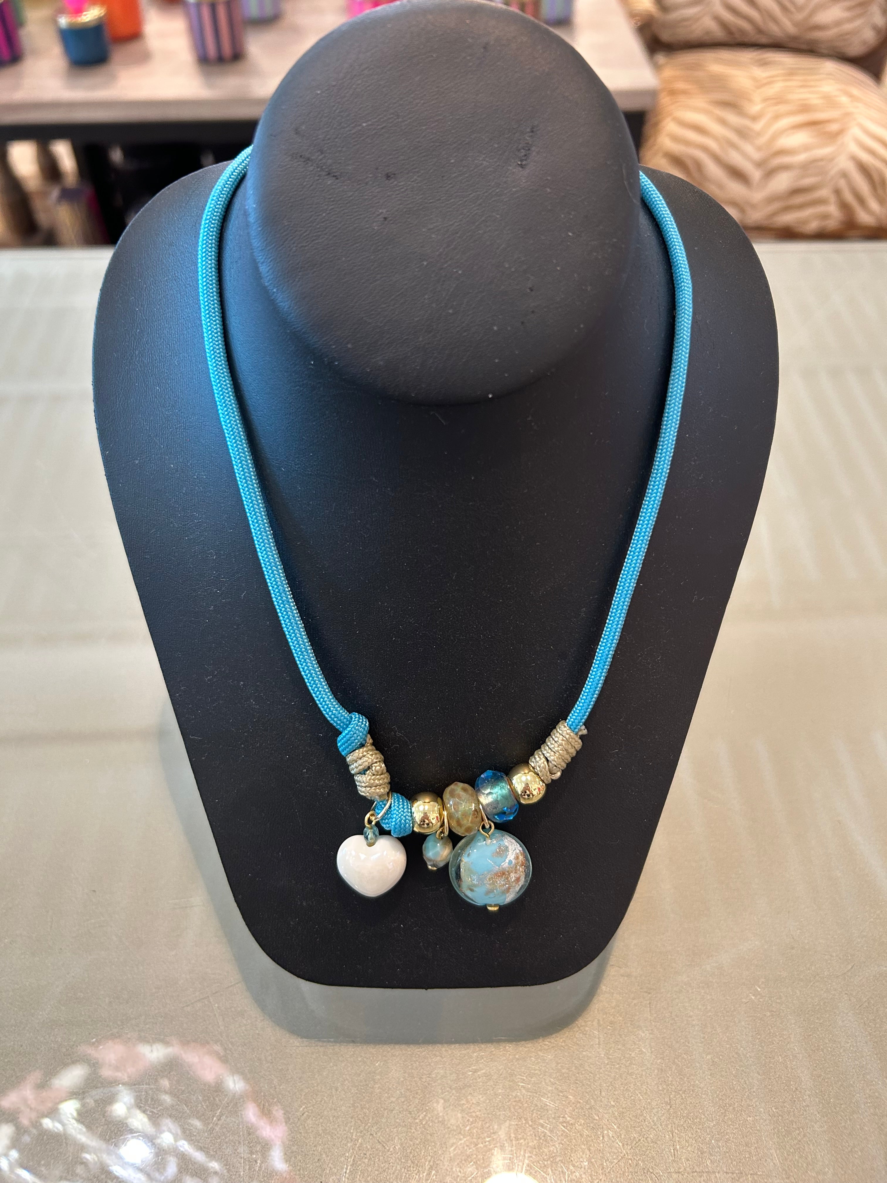 Michele Busch NW-26-19 Aqua Cord White Heart Lampwork
