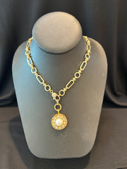 Mustard Seed Pearl Gold Medallion Clasp Necklace
