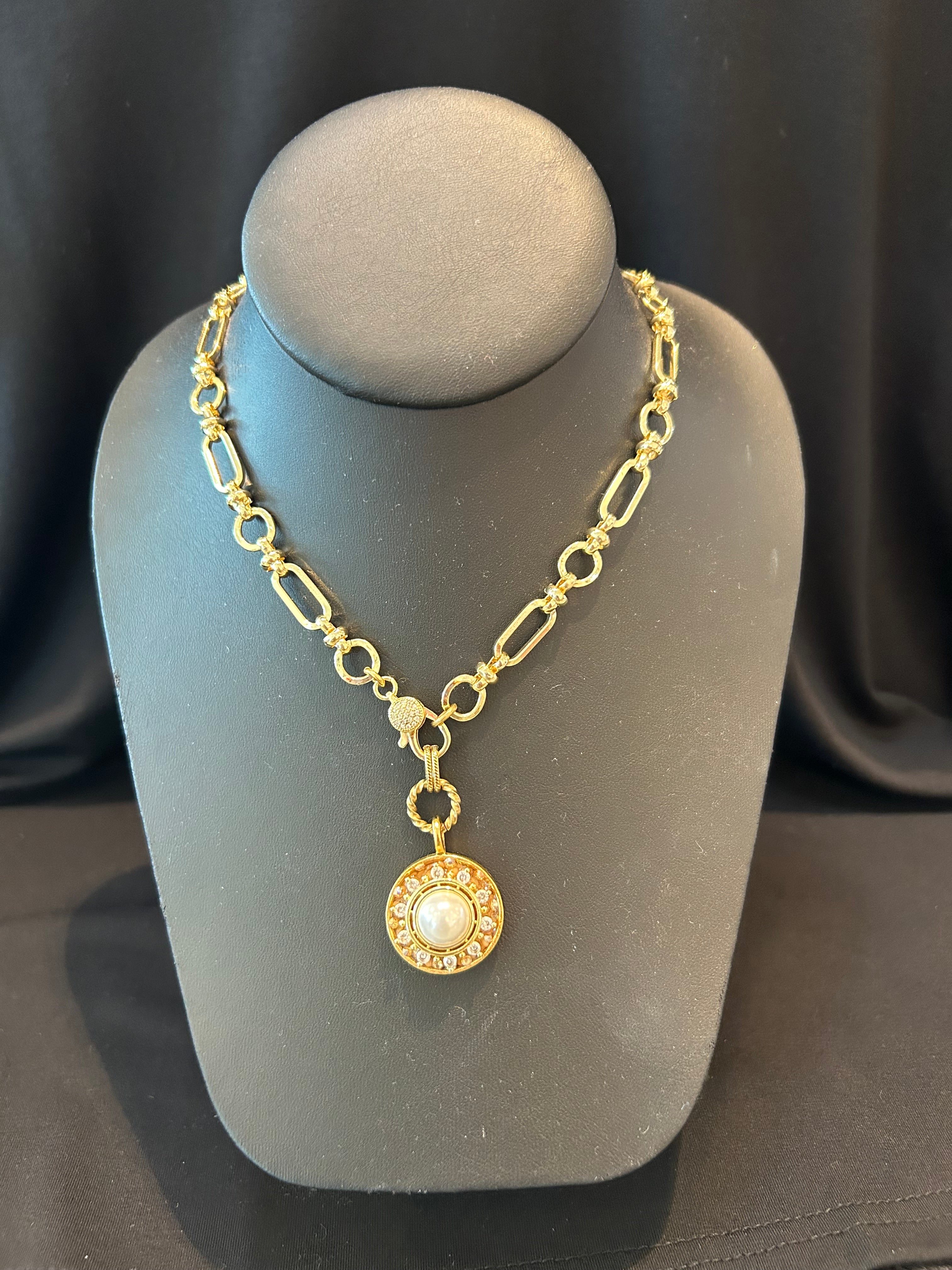 Mustard Seed Pearl Gold Medallion Clasp Necklace