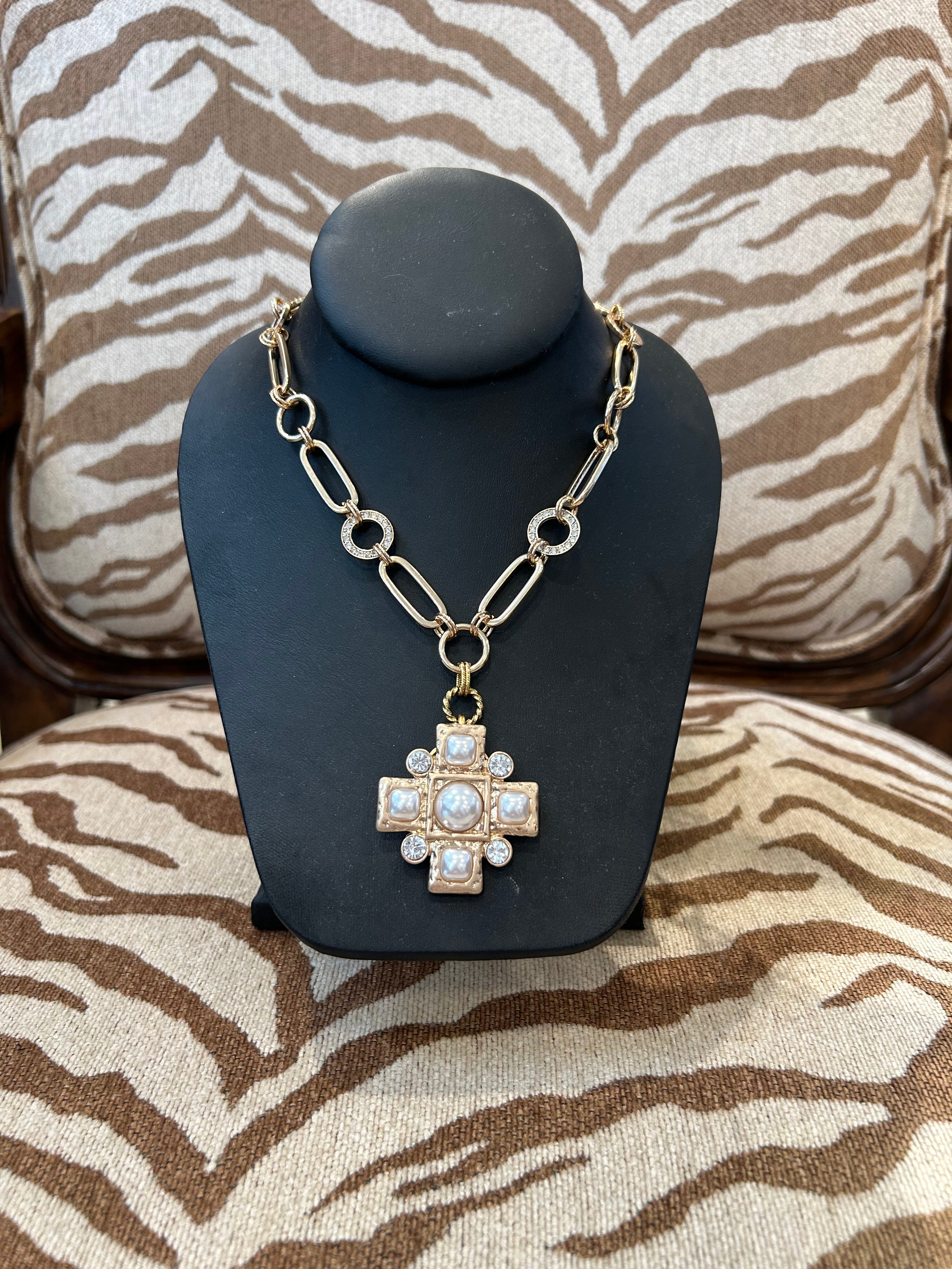 Mustard Seed Pearl Cross Pendant Necklace