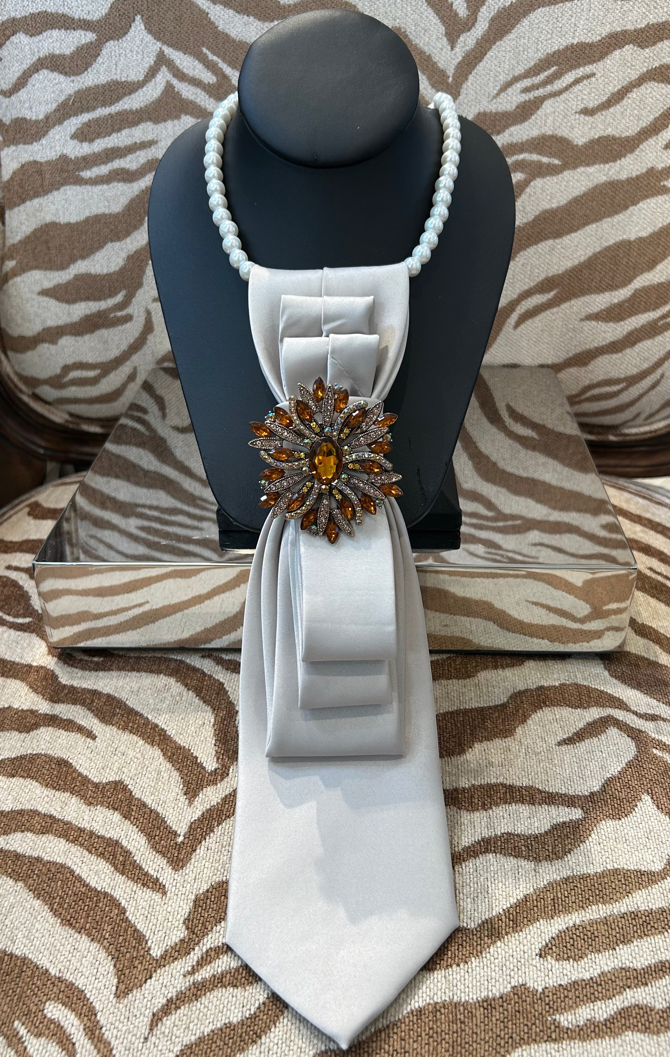 See it...Love it...Buy it Necktie Necklace Champagne w Amber Crystal Brooch
