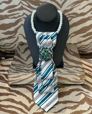 See it...Love it...Buy it Necktie Necklace White/Teal Stripe w GreenFloral Brooch