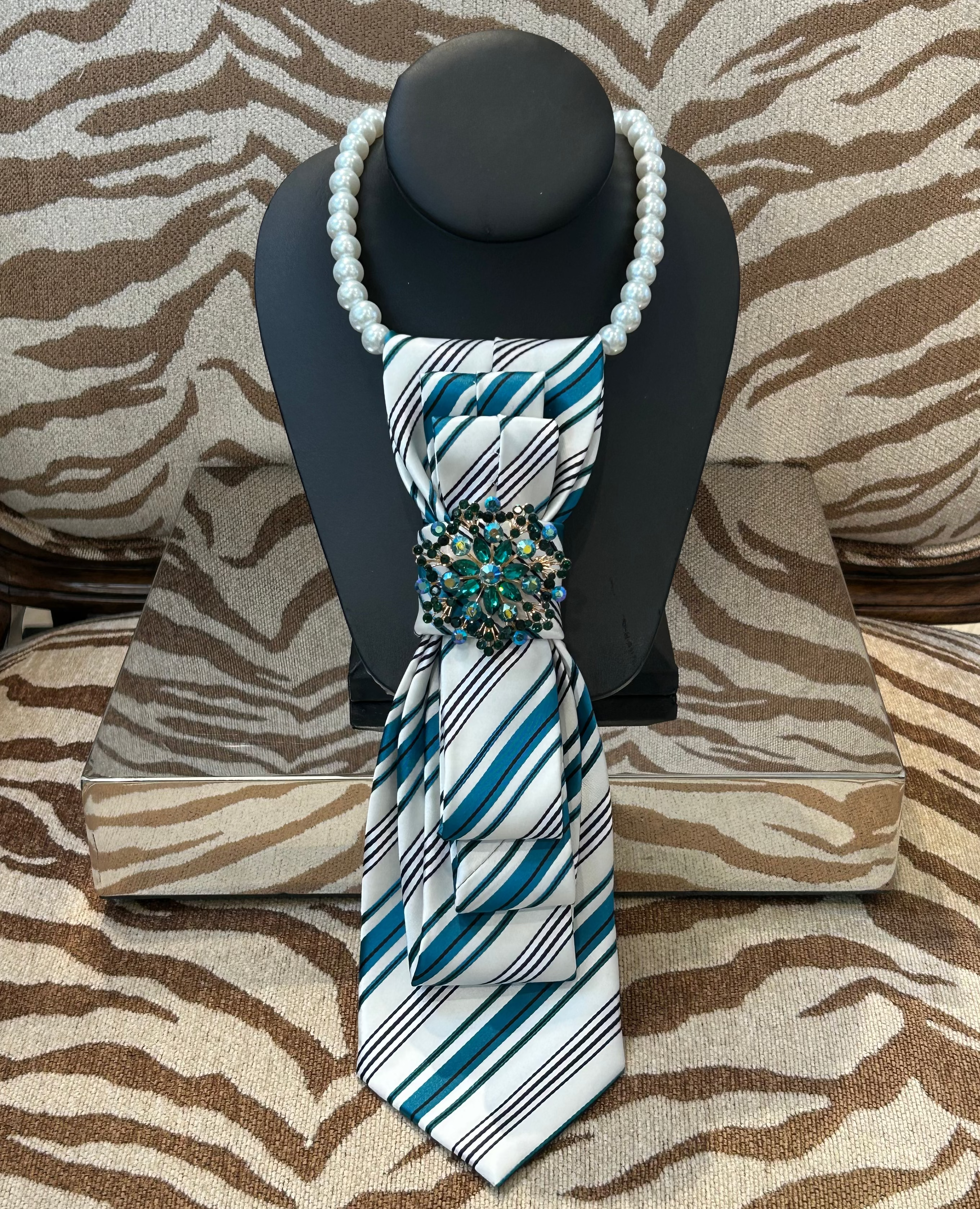 See it...Love it...Buy it Necktie Necklace White/Teal Stripe w GreenFloral Brooch