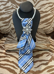 See it...Love it...Buy it Necktie Necklace Blue British Plaid w Silver Pearl Brooch