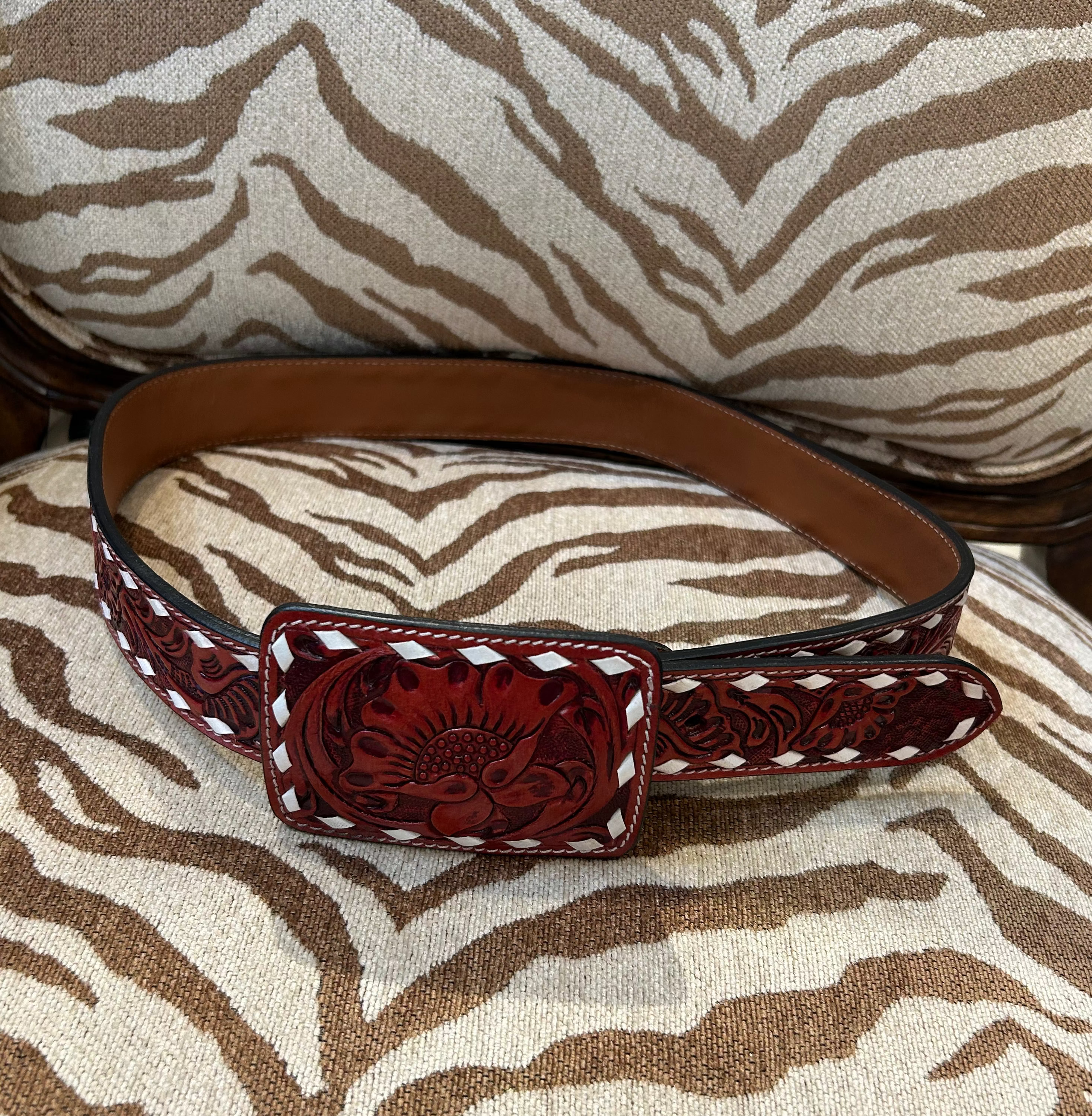 Lucky & Blessed Red Tooled Western Belt w/white Floral Embroidery