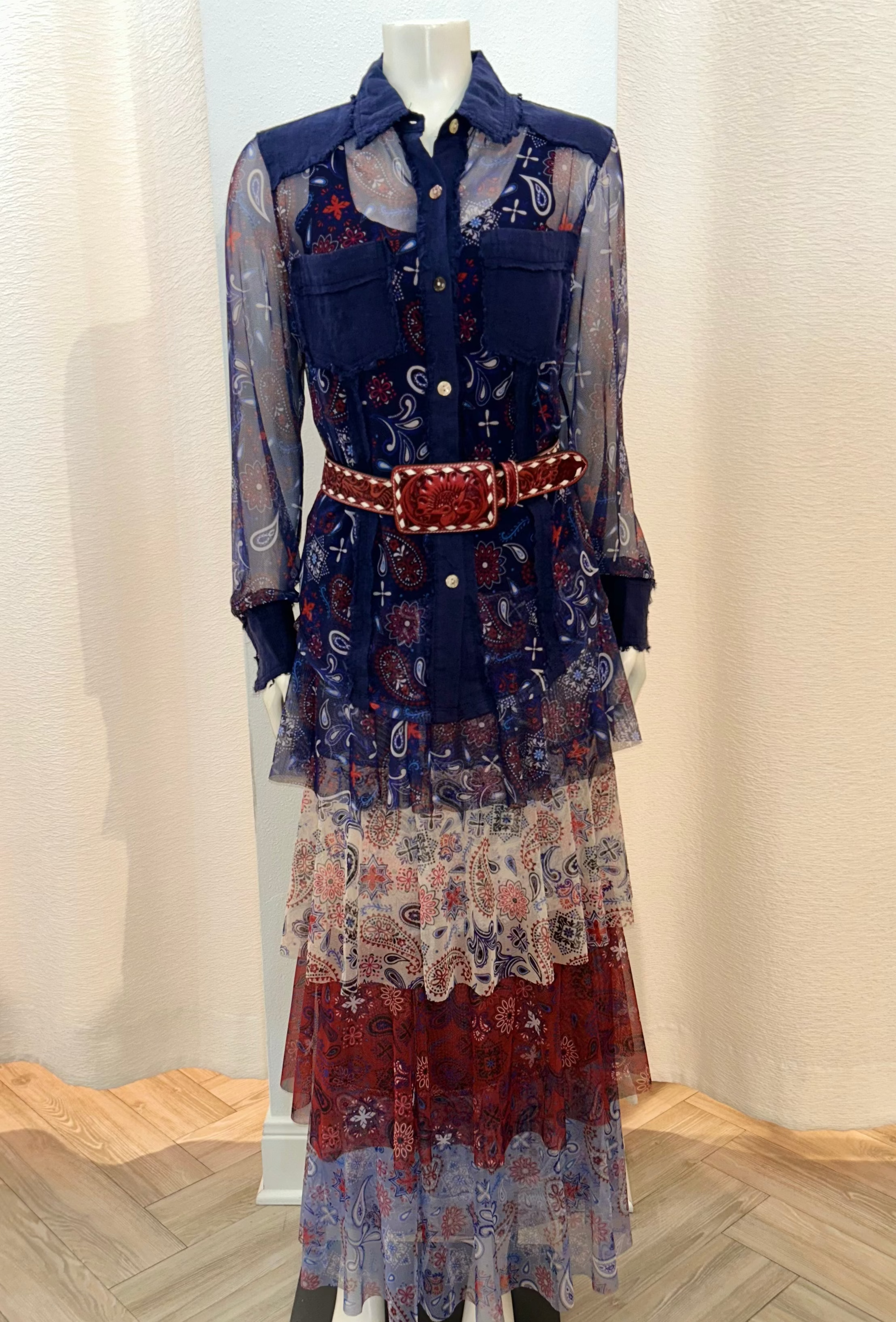 Lucky & Blessed Red Tooled Western Belt w/white Floral Embroidery