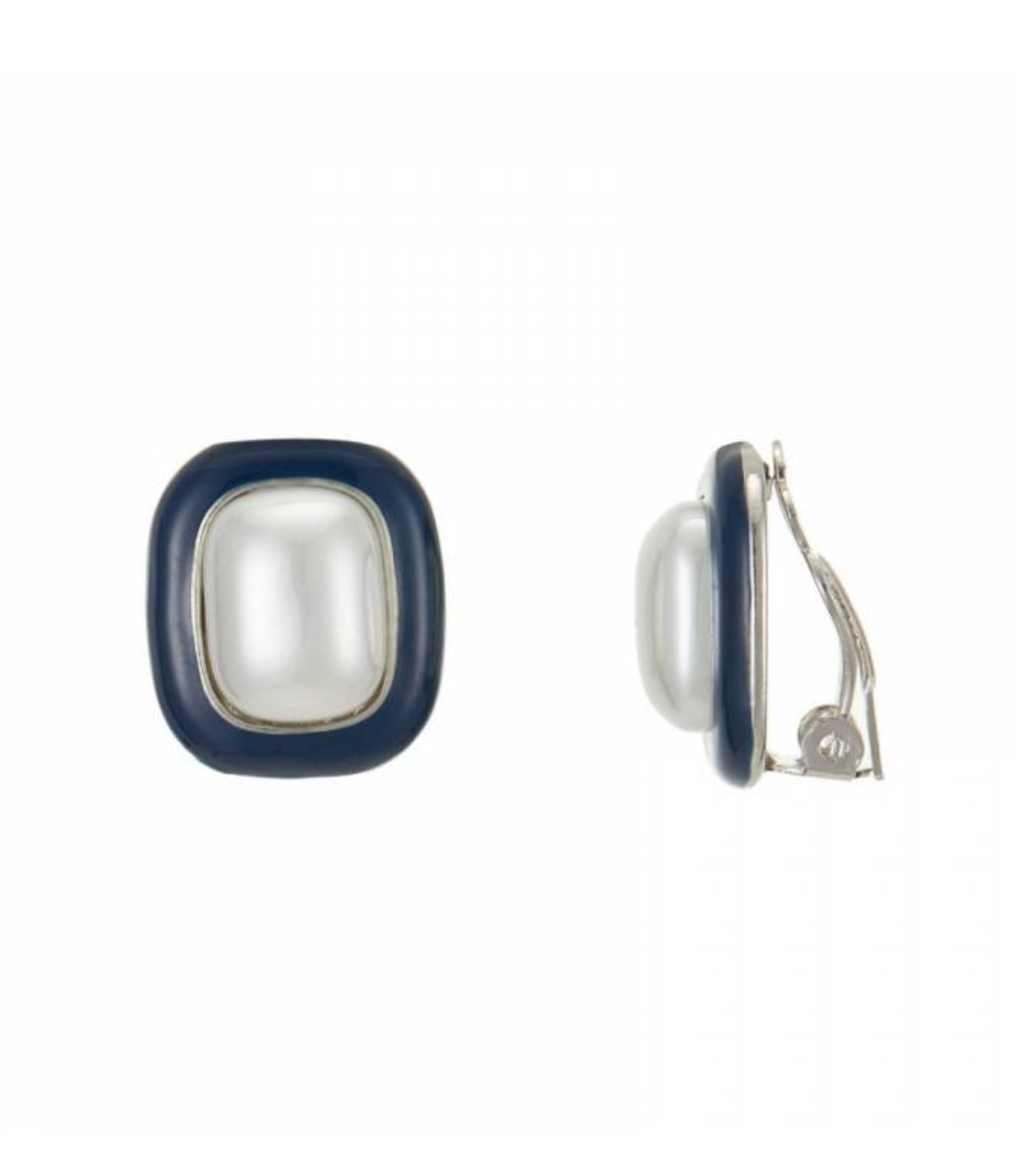 Michael Nash Aurora Navy Enamel & Pearl Earrings-Clip