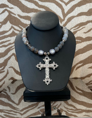 S Johannah Grey Bead W/Silver Cross