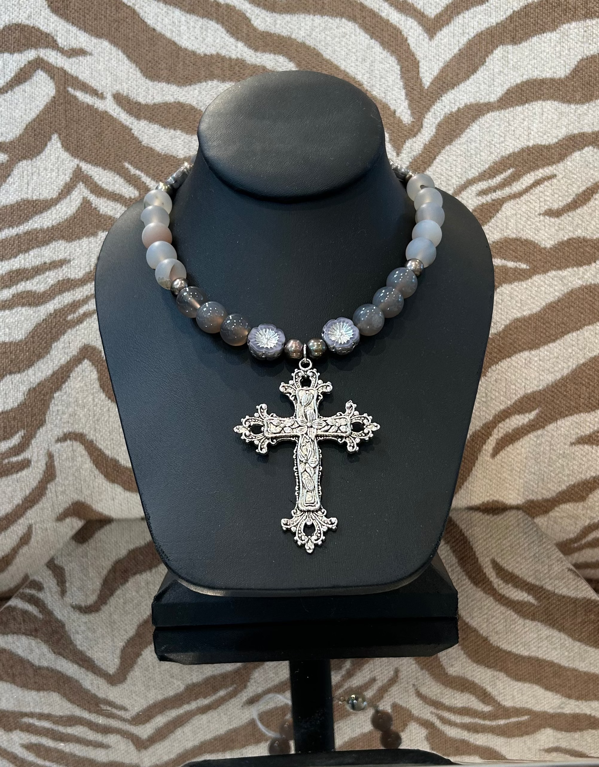 S Johannah Grey Bead W/Silver Cross