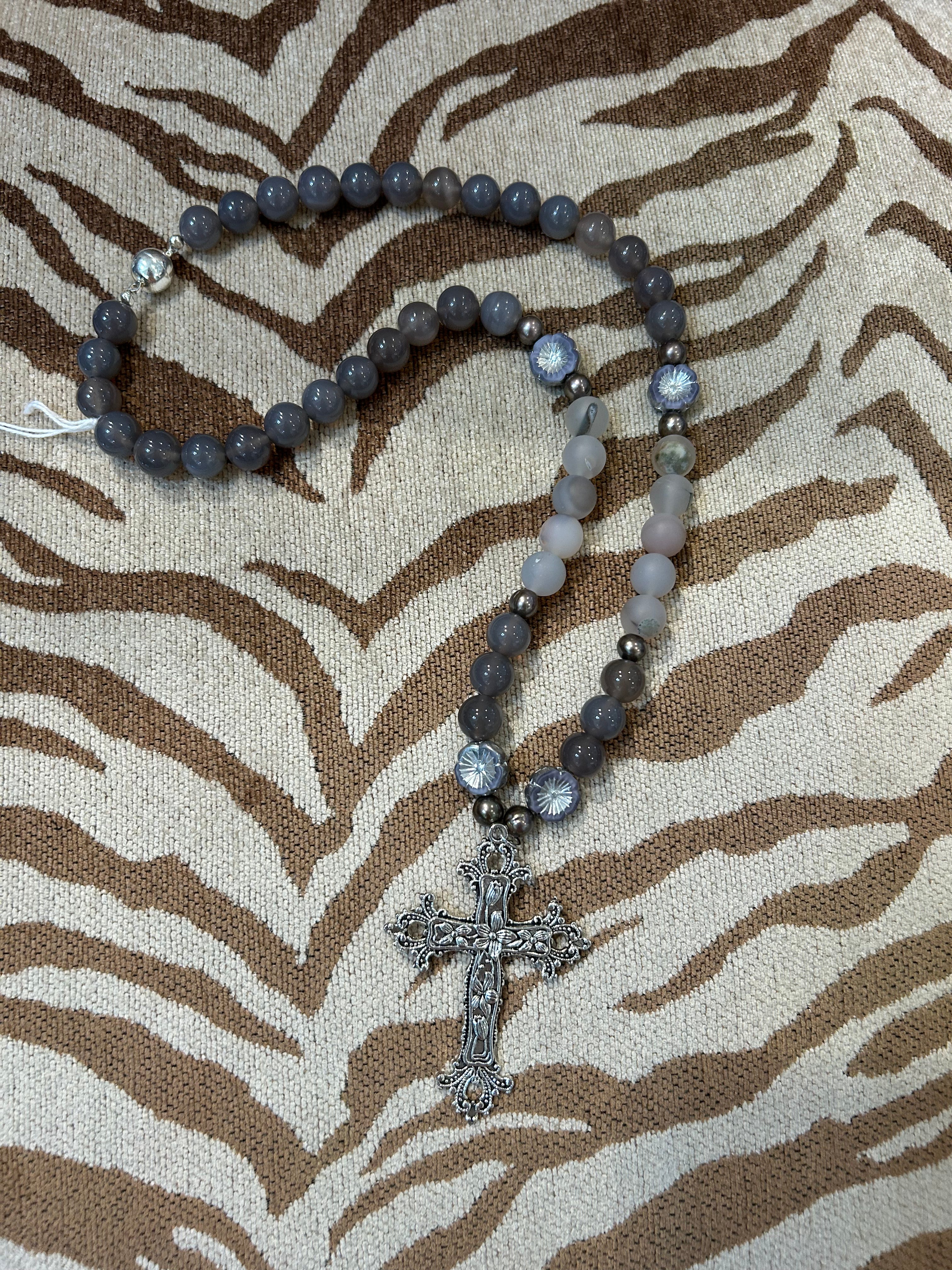 S Johannah Grey Bead W/Silver Cross
