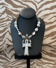 S Johannah White W/Amber Crackle Cross