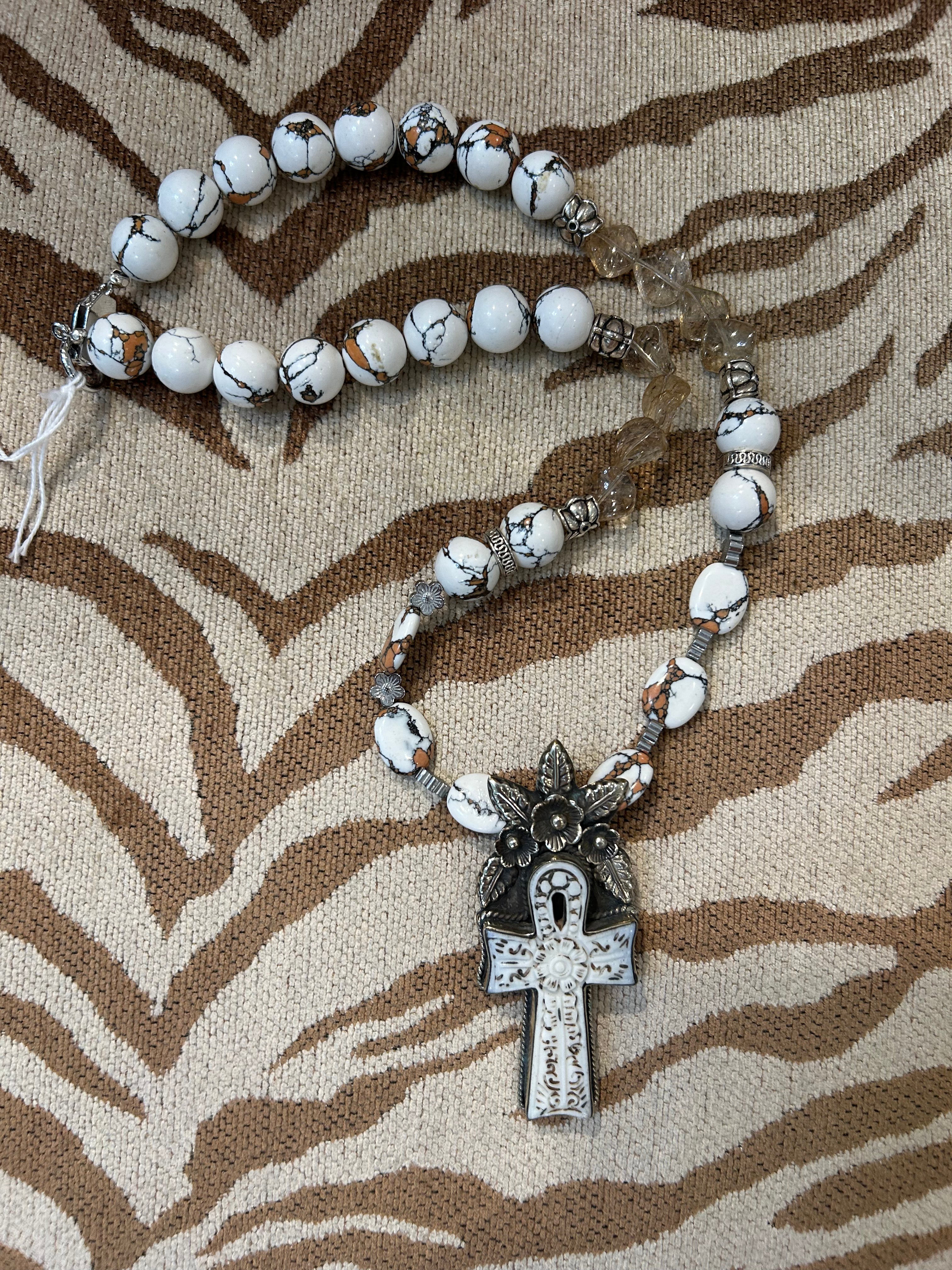S Johannah White W/Amber Crackle Cross