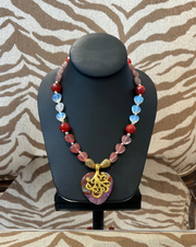 S Johannah Design Pink Stone Heart w Gold Embellishment Necklace