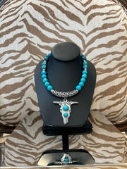 S Johannah necklace w/ turqoise beads and silver/turquoise cow head