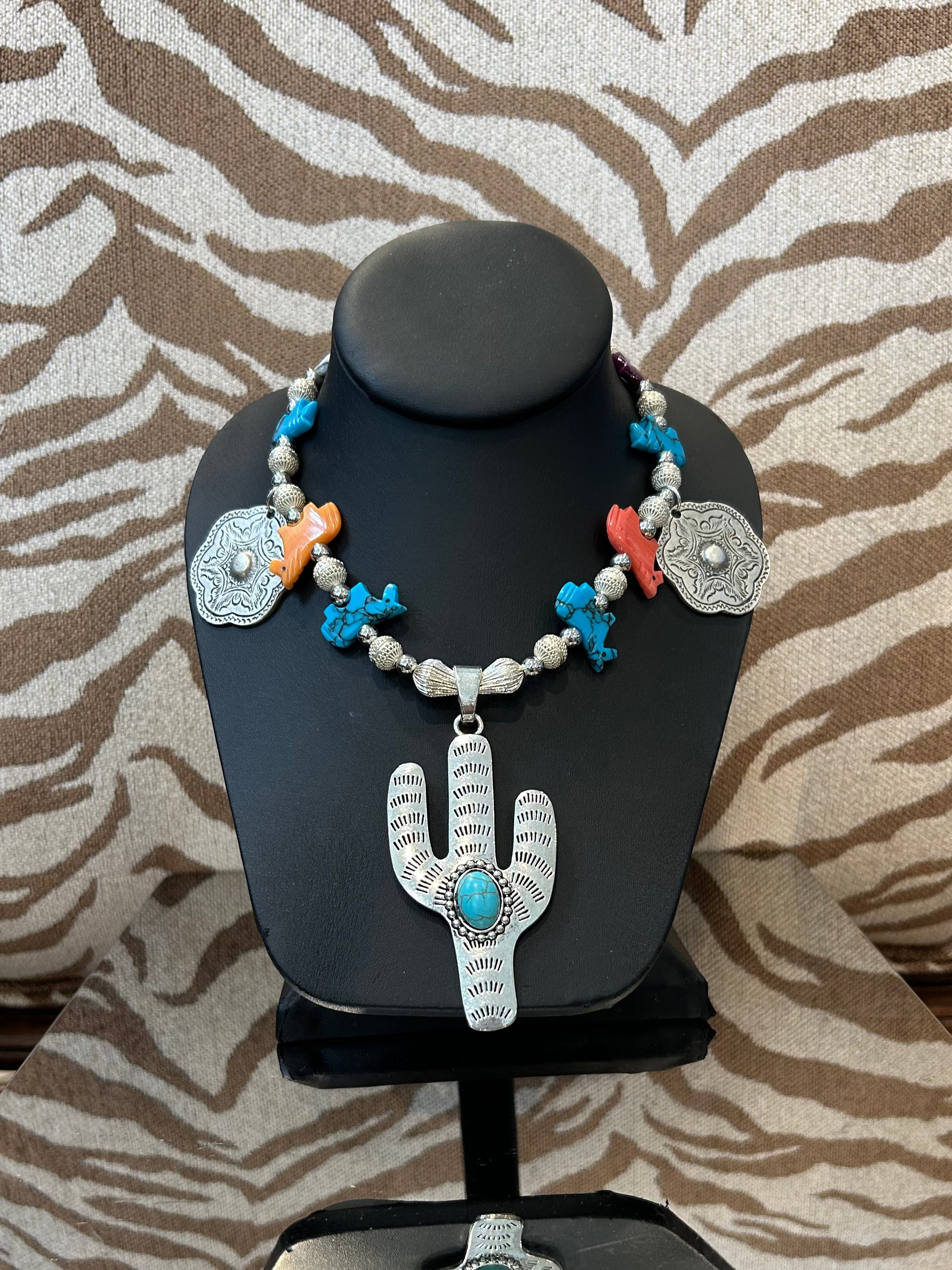 S Johannah silver necklace with cactus and colored horses