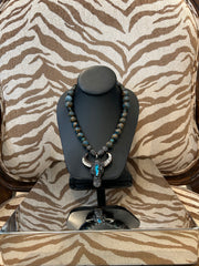 S Johannah brown/turquoise beaded necklace w/black crystal cow head