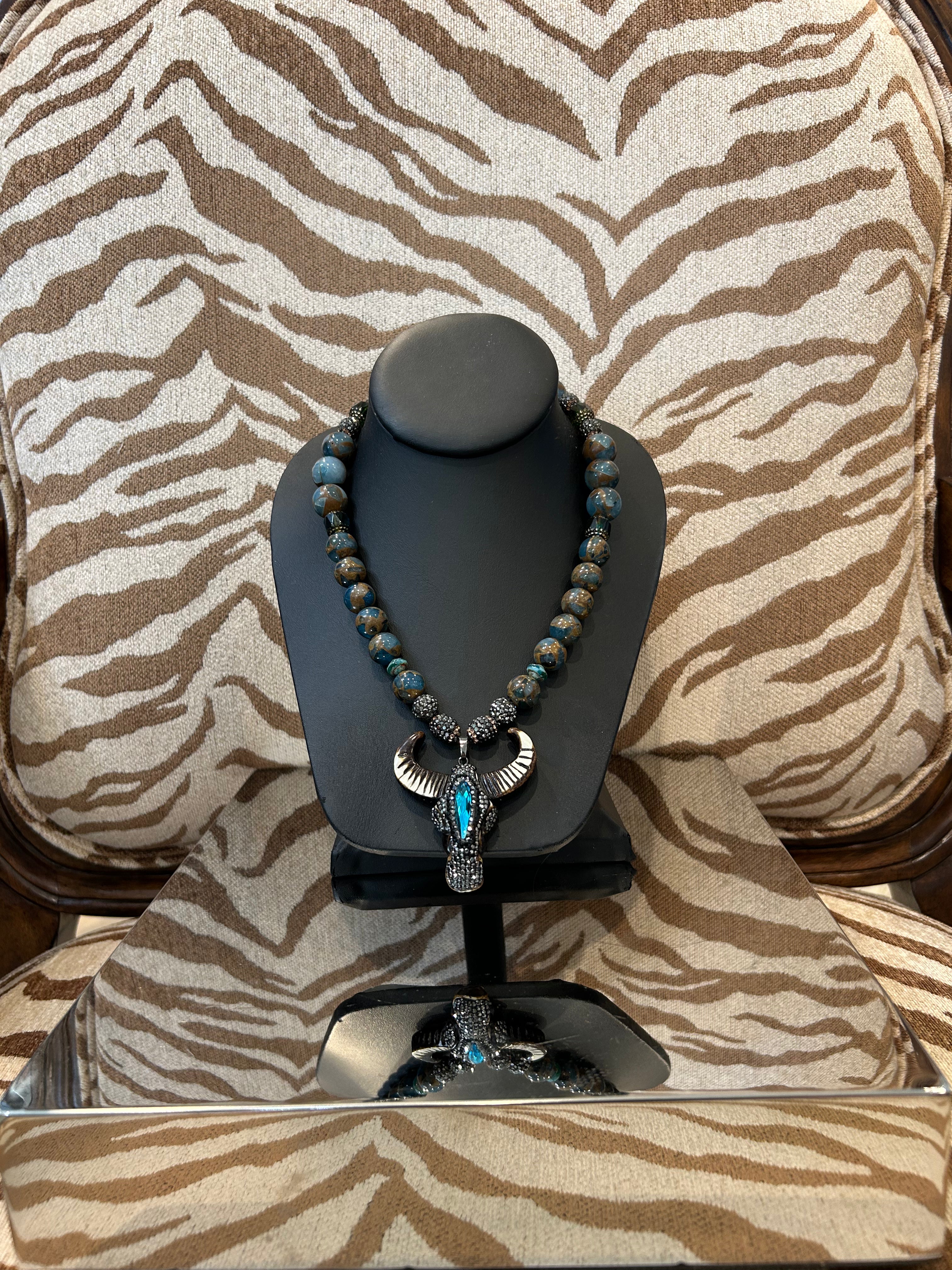 S Johannah brown/turquoise beaded necklace w/black crystal cow head