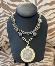 Michele Busch NW-26-145 Matte Gold & Silver Chain w Silver Greek Coin
