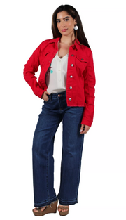 K&C A3384 63111-R Red Denim Jacket Frayed Edge