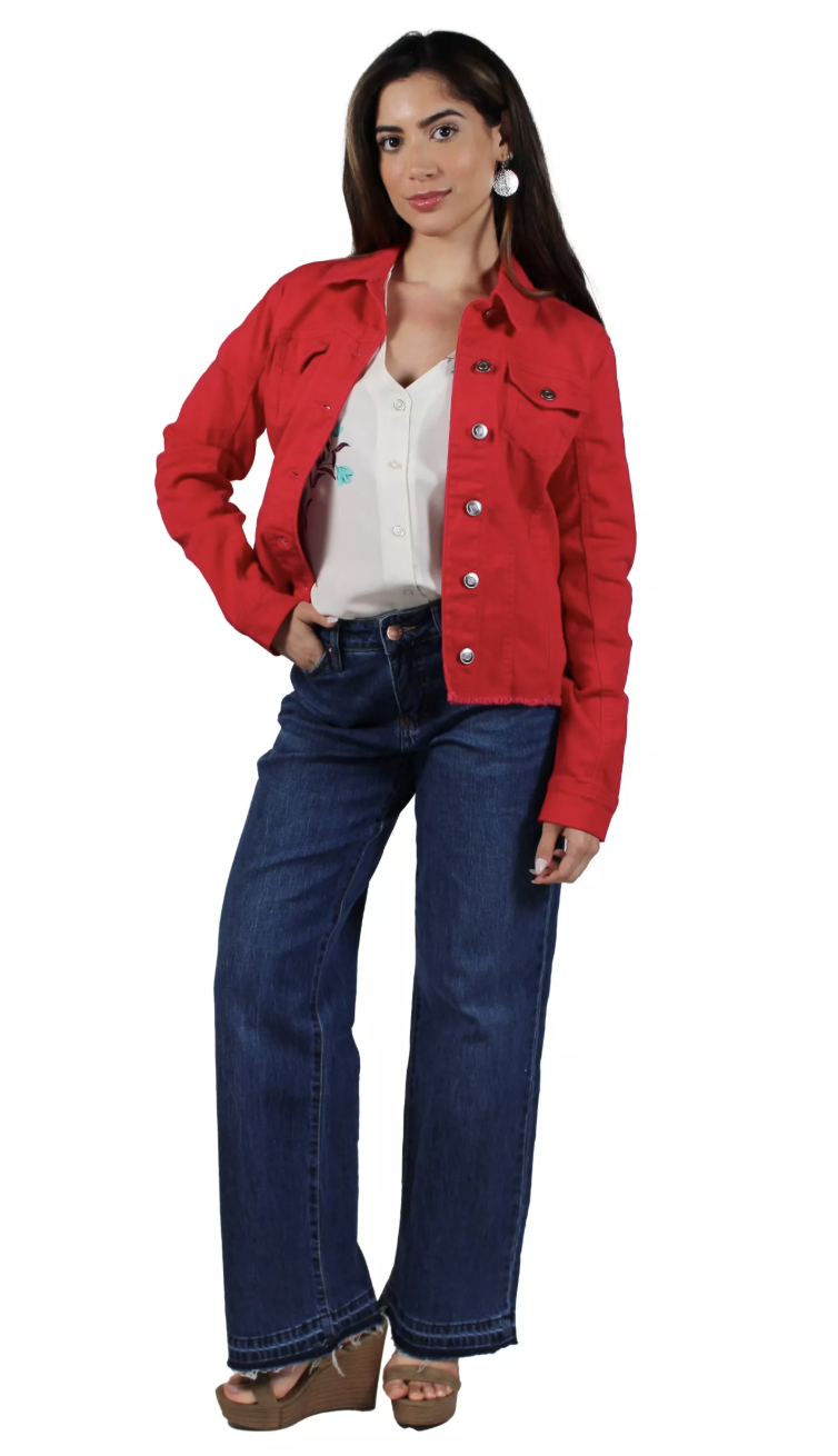 K&C A3384 63111-R Red Denim Jacket Frayed Edge
