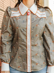Lucky & Blessed TO1318-KAW Taupe Beige Cowgirl Printed Puff Sleeve