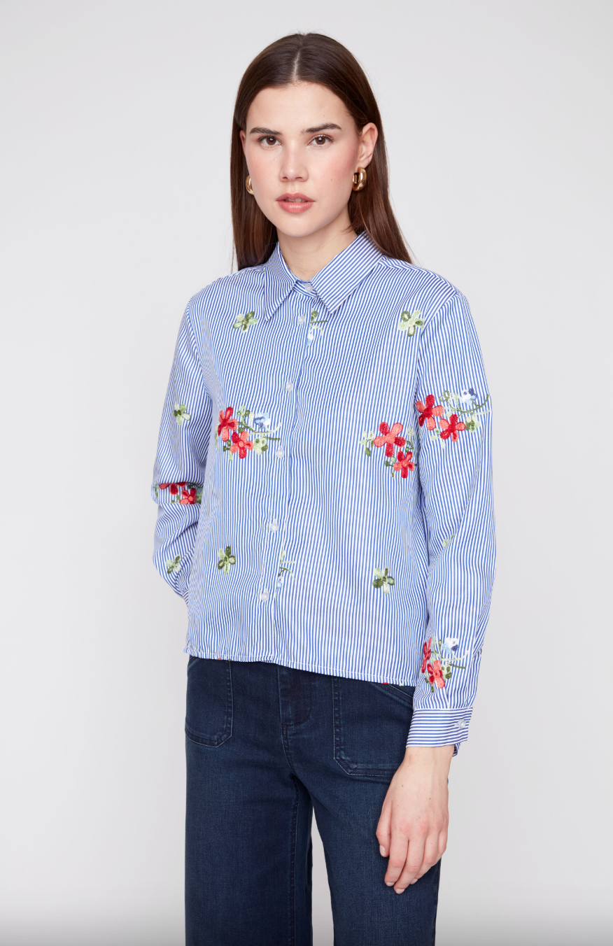 Renuar R5287 917 Blue combo woven blouse with flowers