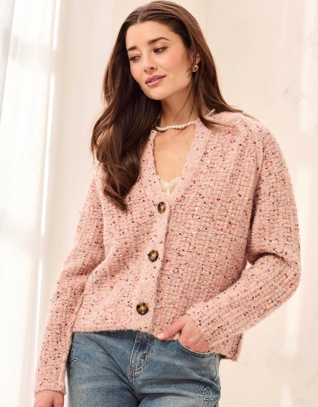 Tribal 6301O/5781 Tweed Like Sequined Sweeter Cardigan