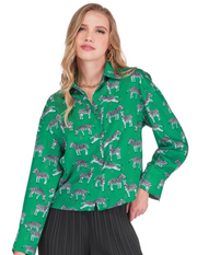 Joy Joy 79H4909 Crop Shirt Blouse- green zebra