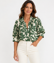 Jade 79H9819-4A Puff Sleeve Trimmed Placket Top- ivory fern