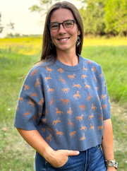 K&C Clothing A4006 Navy Brown - Elbow Sleeve Horse Sweater