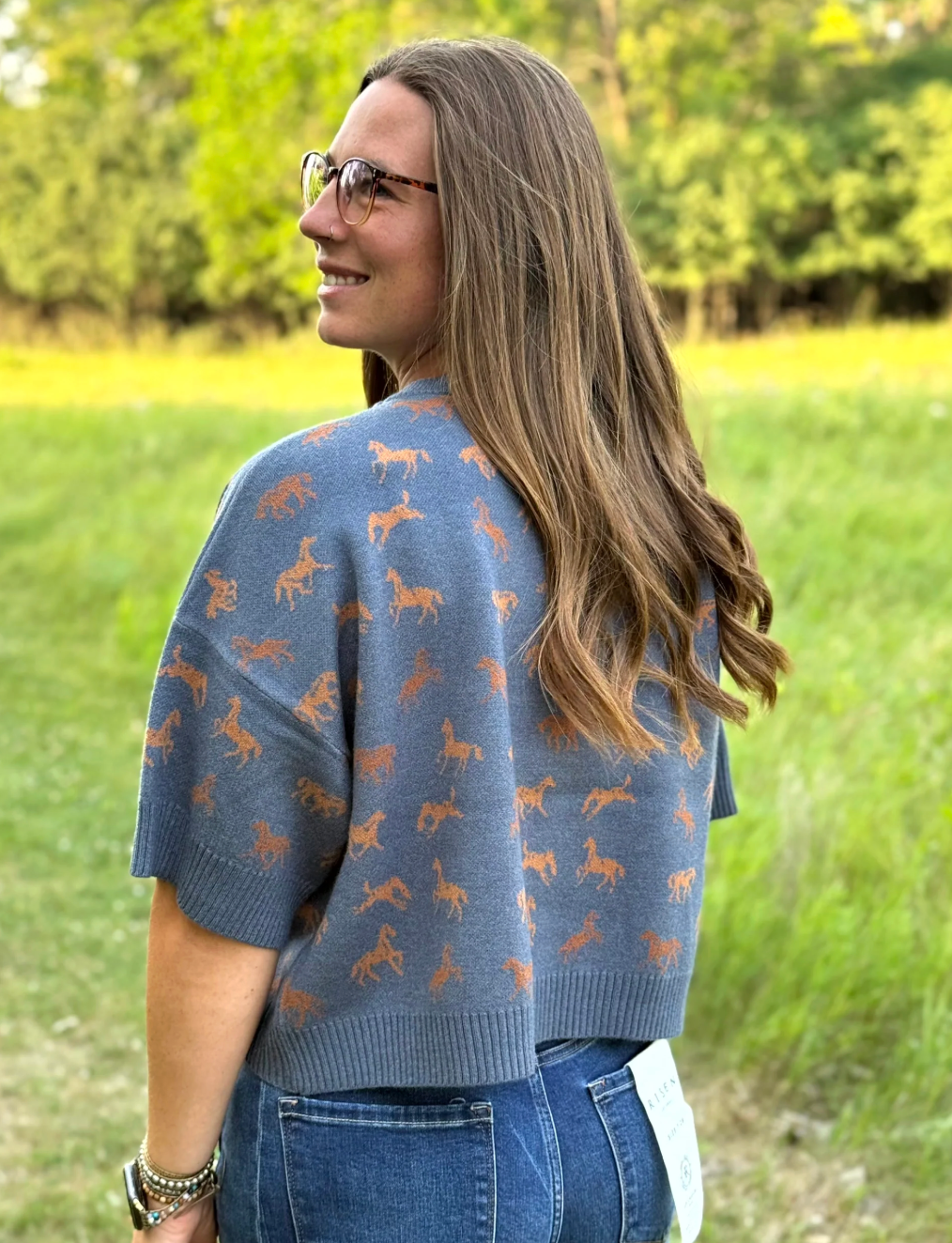K&C Clothing A4006 Navy Brown - Elbow Sleeve Horse Sweater