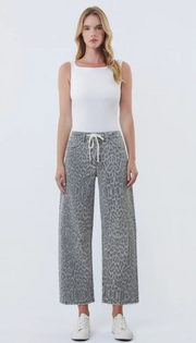 Vervet T7516LPD Grey Leopard - High Rise Drawstring Leopard Barrel Jeans