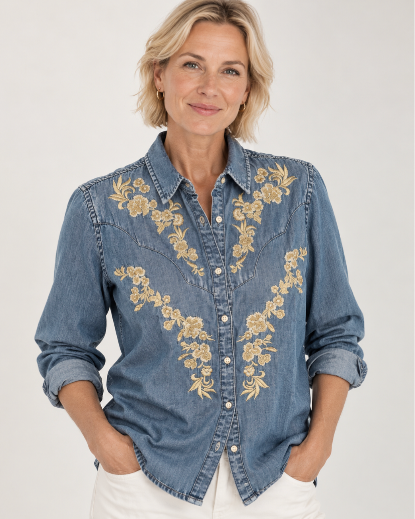 Paparazzi 6551-CAT Denim Western Shirt w Embroidery