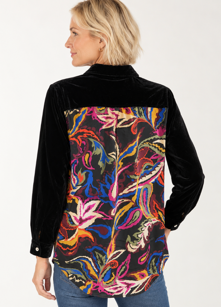 Paparazzi 6541-MAT Velvet Butt-Down Shirt w Print Back