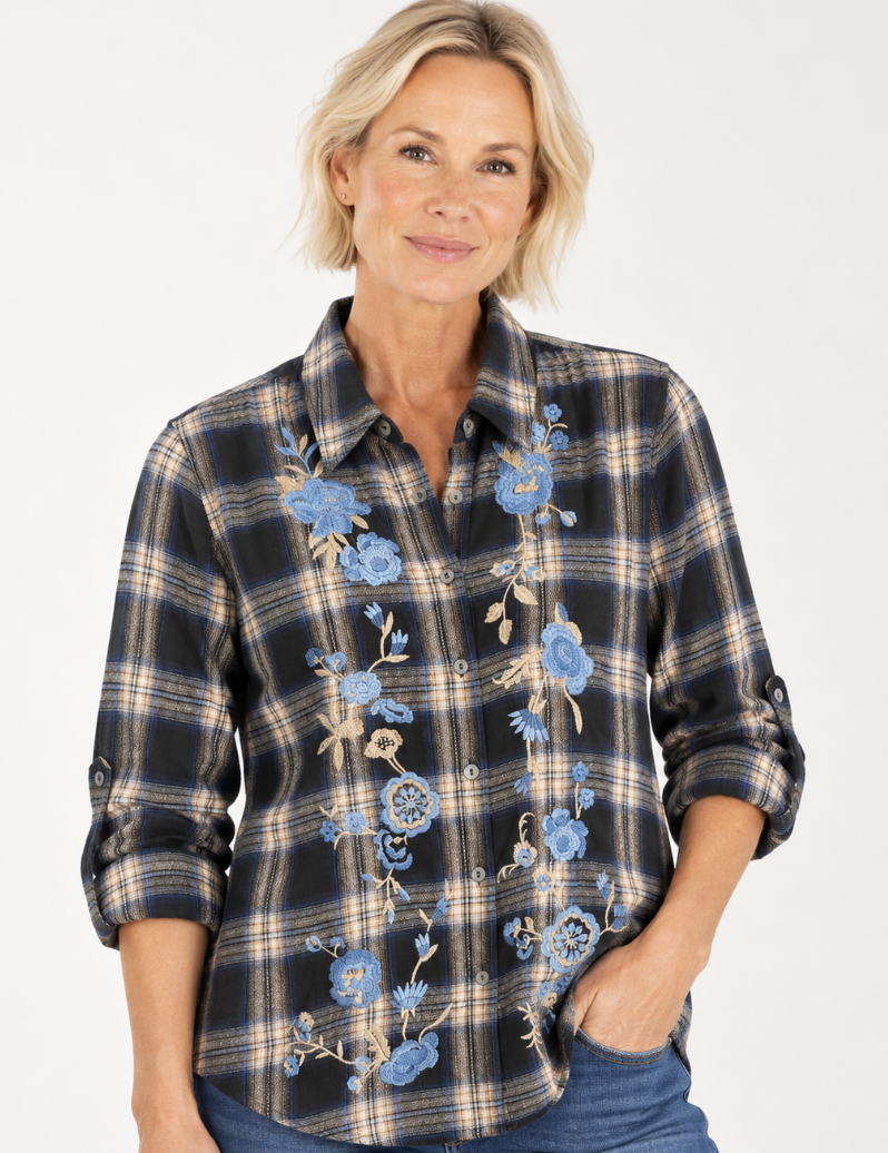 Paparazzi 6755-MAT Plaid Shirt w Embroidery- navy