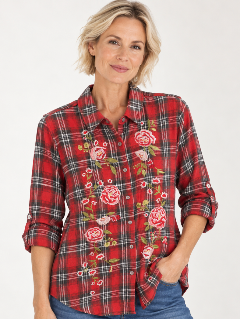 Paparazzi 6756-MAT Plaid Shirt w Embroidery- red