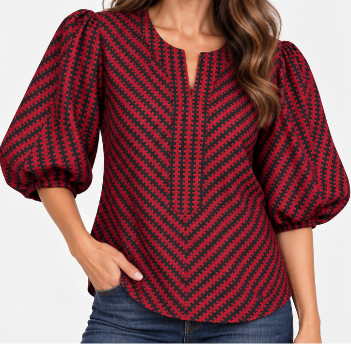Boho Chic 6261840 Red/Black Puff Sleeve Top