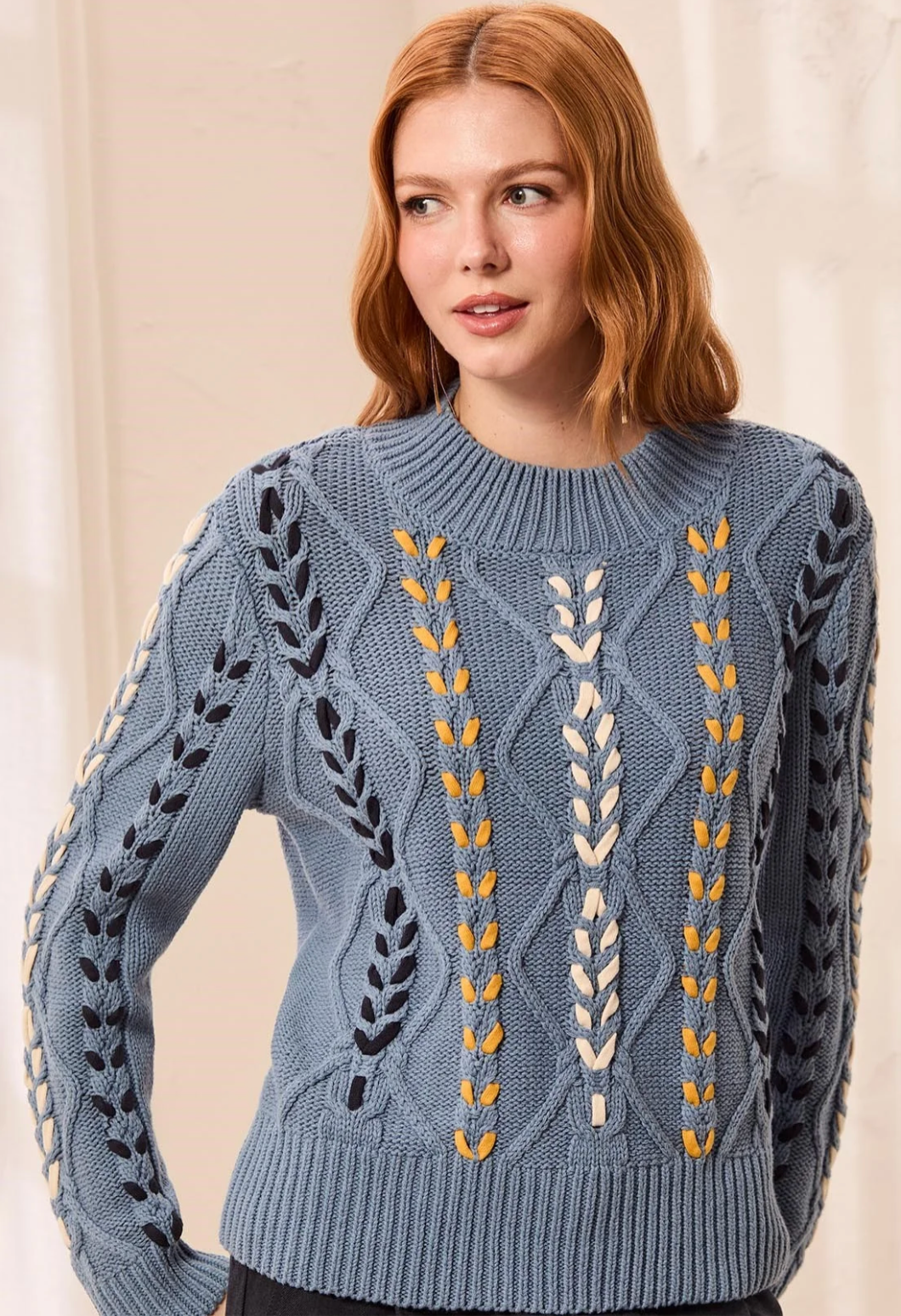 Tribal 3129O/3954 1633 Contrast Lace-Up Cable Knit Crew Neck Sweater