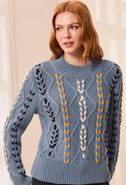 Tribal 3129O/3954 1633 Contrast Lace-Up Cable Knit Crew Neck Sweater