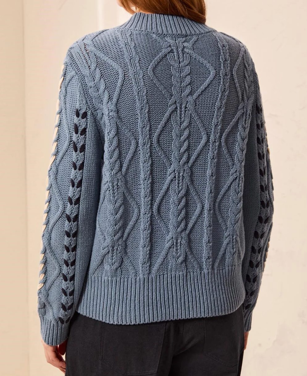 Tribal 3129O/3954 1633 Contrast Lace-Up Cable Knit Crew Neck Sweater