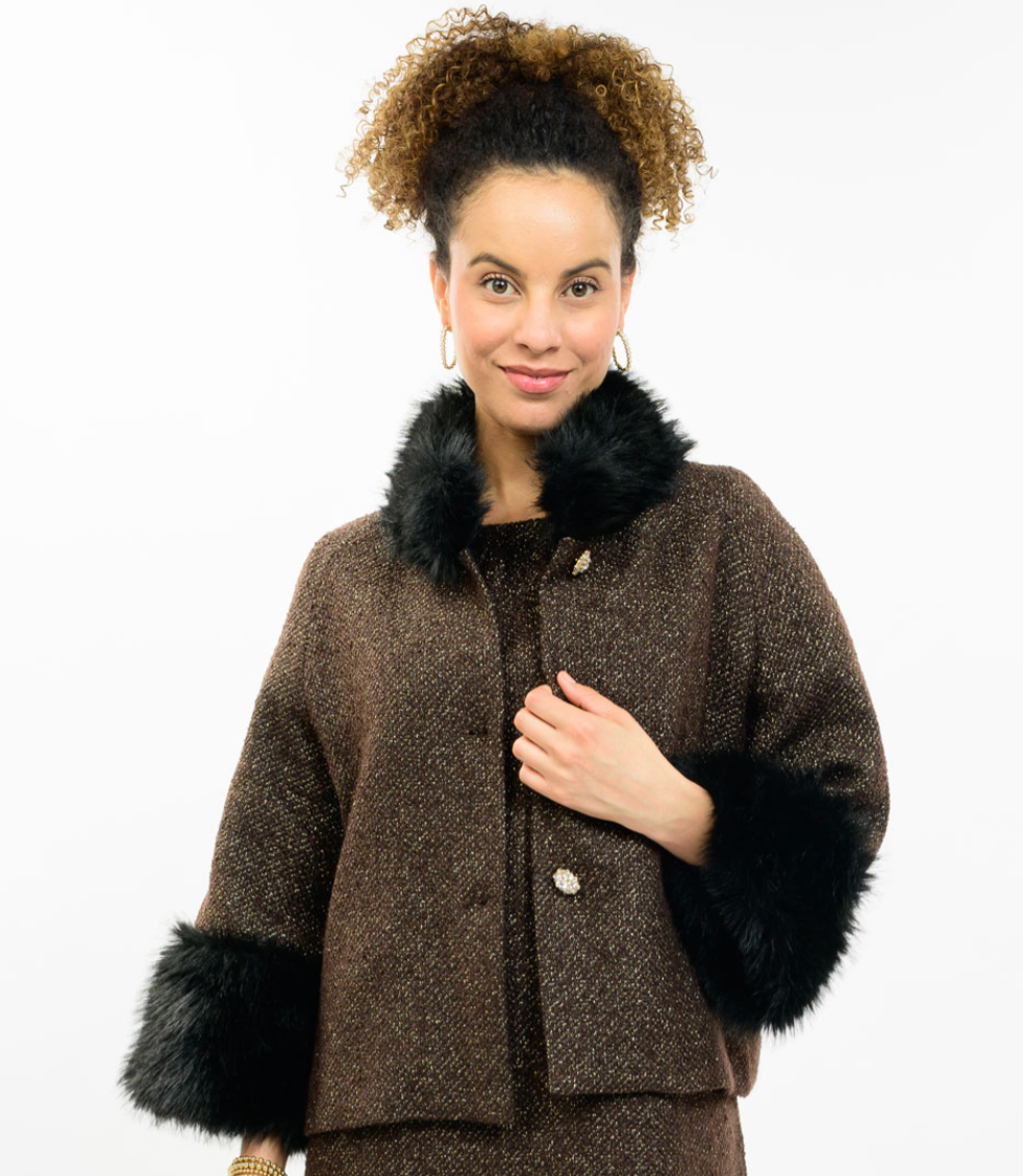 Ivy Jane 130266 Sparkle Tweed Fur Trim Jacket