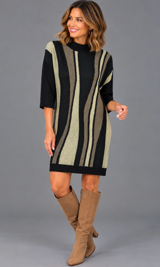 Picadilly YE612KY High Collar Tunic Dress Almond Cream Multi