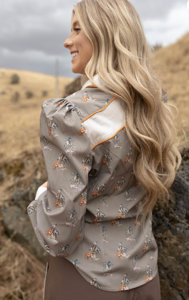 Lucky & Blessed TO1318-KAW Taupe Beige Cowgirl Printed Puff Sleeve