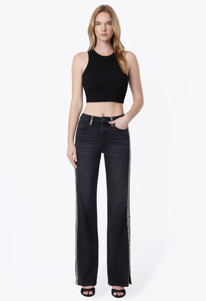 Vervet T7595BKD Cheryl High Rise Vintage flare w side slit and leopard strip
